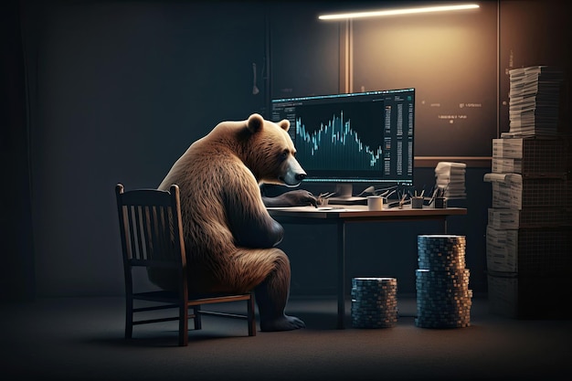 Bear sitzt am Bürotisch vor einem Computer und beobachtet Handelscharts