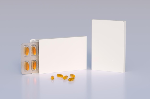 Bearbeitbares Mockup von Fischöl-Omega-3-Goldkapseln in einer Blisterpackung 3D-Darstellung