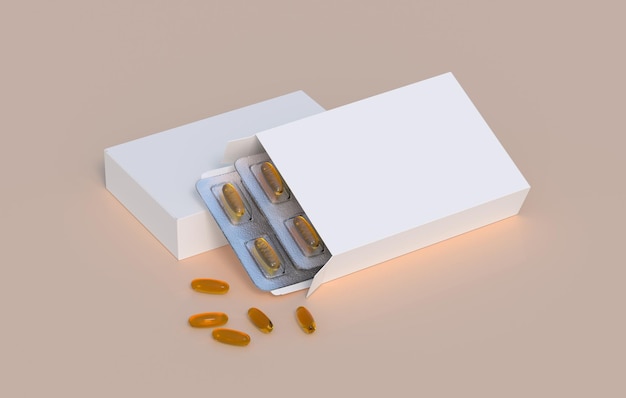 Bearbeitbares Mockup von Fischöl-Omega-3-Goldkapseln in zwei Blisterpackungen 3D-Rendering