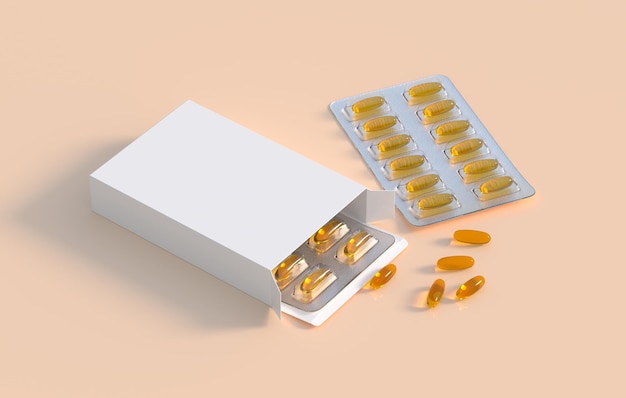 Bearbeitbares Mockup von Fischöl-Omega-3-Goldkapseln in zwei Blisterpackungen 3D-Rendering