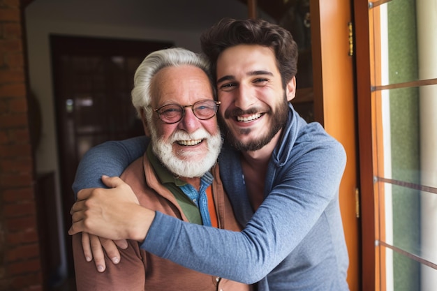 Foto a bearded adult hipster son embraces his elderly father at home enjoying each others company on fathers day with love and joy