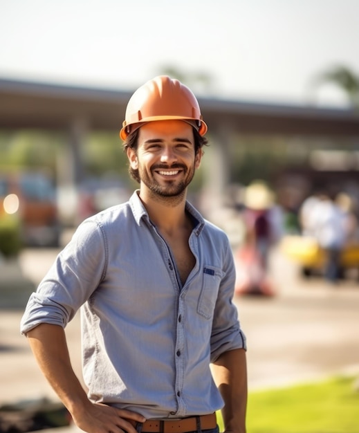 Beatiful confiança homem trabalhador de construção em uniforme e capacete de segurança sorrindo dia do trabalho