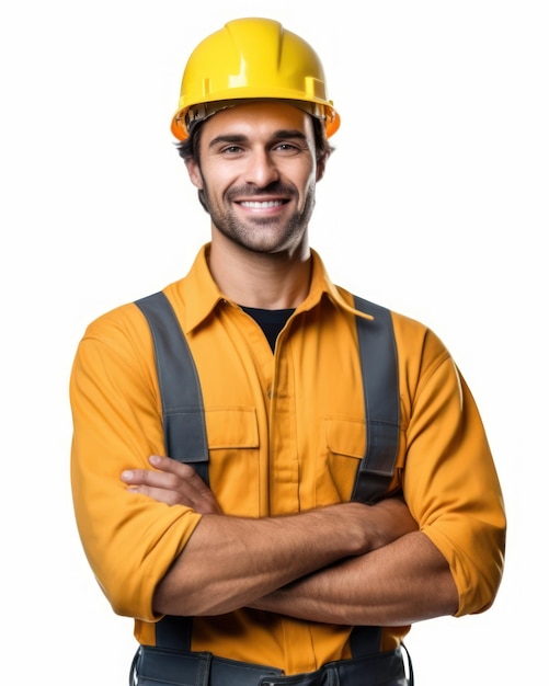 Foto beatiful confiança homem trabalhador de construção em uniforme e capacete de segurança sorrindo dia do trabalho