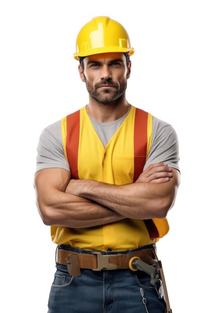 Beatiful confiança homem trabalhador de construção em uniforme e capacete de segurança sorrindo Dia do Trabalho