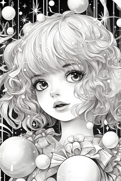 Beaufitul anime girl para colorir página preto e branco