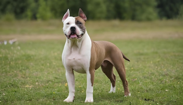 Beautiful American Staffordshire Terrier cão stand cão raça prado verde perto da floresta cabelo longo