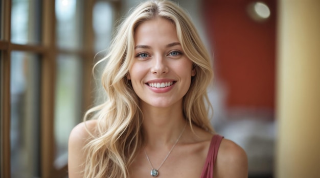 Beautiful blonde woman with blue eyes smiling at the camera