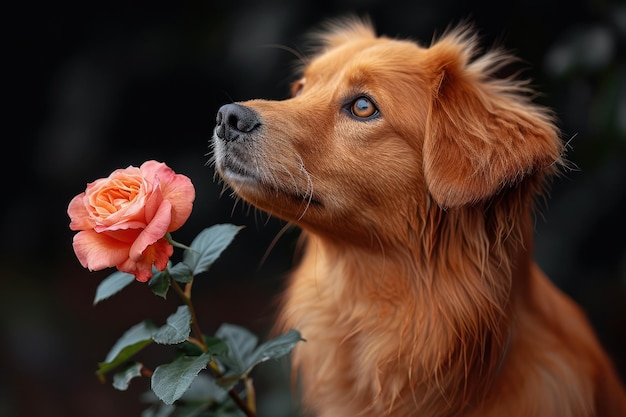 Beautiful Cute Dog with Rose Flower close-up extremo Inteligência Artificial Gerativa