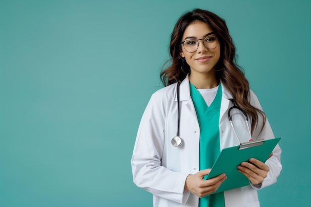 Foto beautiful female doctor holding clipboard smiling isolated on blue background