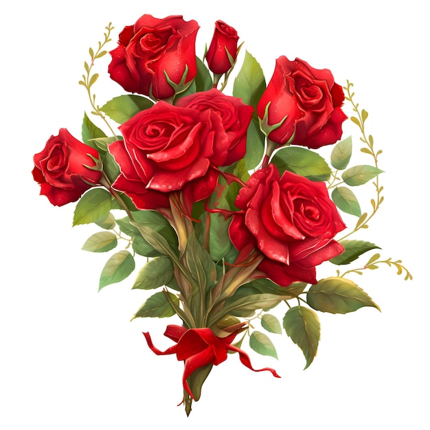 Beautifull The Nature Red Rose Flower com fundo branco de folha verde