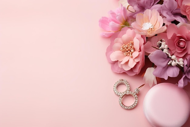 Beauty Blog Concept Accessoires Blumen Kosmetik und Schmuck auf rosa Hintergrund Weiblicher Lebensstil