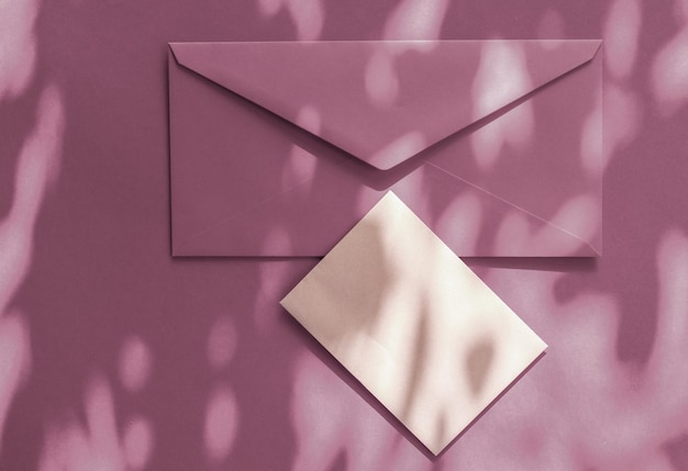 Beauty-Markenidentität als Flatlay-Mockup-Design-Visitenkarte und Brief für Online-Luxus-Branding auf violettem Schattenhintergrund