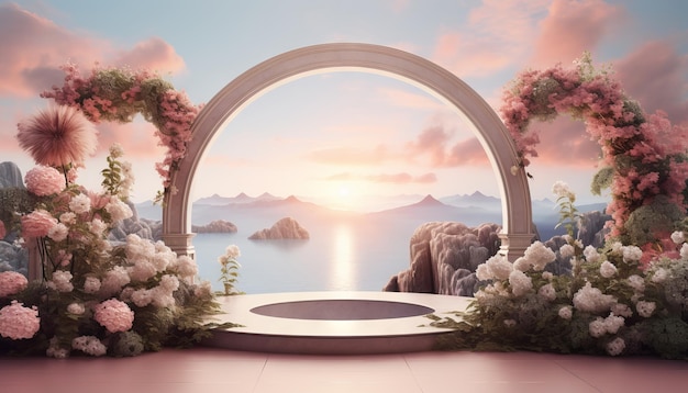 Beauty-Podium, umgeben von üppigem Grün vor dem Hintergrund einer verträumten romantischen 3D-Szene