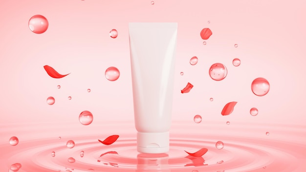 Beauty Skincare Paket weißes Tube Mockup auf rosa Hintergrund mit Blasen und Rosen 3D-Rendering