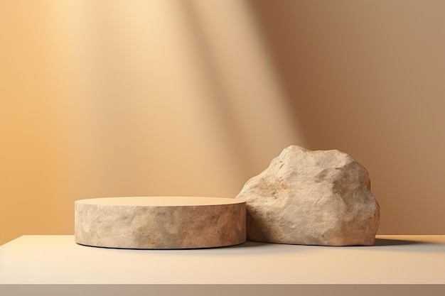 Beauty Stone Podium, das Produkte auf beige Hintergrund präsentiert