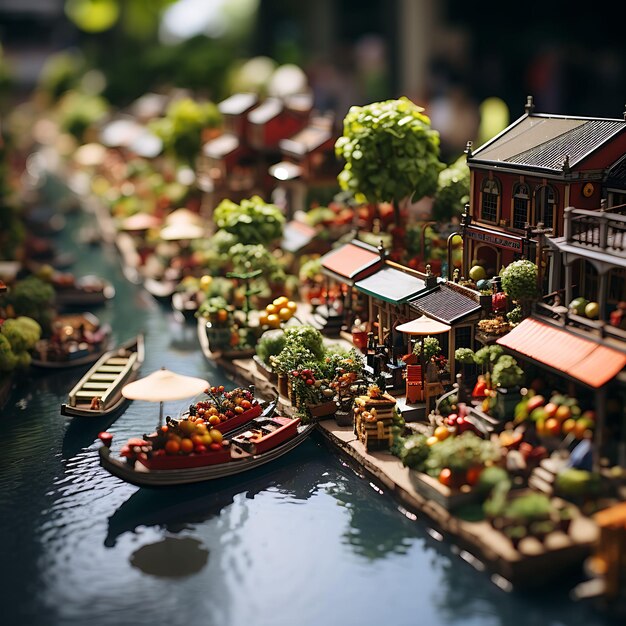 Beauty Tilt Shift com sessão de fotos única e criativa de um colorido mercado flutuante tailandês ta