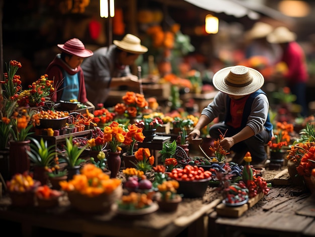 Beauty Tilt Shift mit einzigartigem und kreativem Fotoshooting eines farbenfrohen peruanischen Mercado