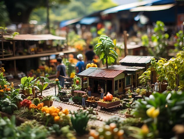 Beauty Tilt Shift mit einzigartigem und kreativem Fotoshooting eines lebhaften kolumbianischen Mercado, aufgenommen mit