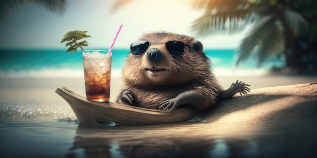 Beaver está de férias de verão em um resort à beira-mar e relaxando na praia de verão