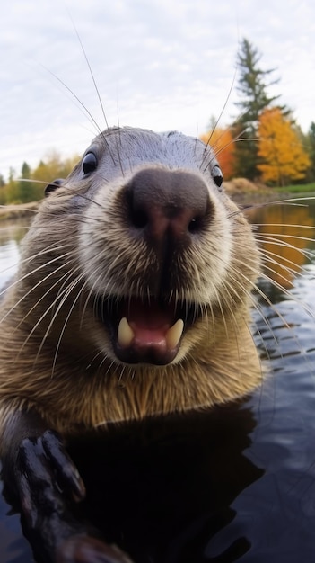 Beaver toca na câmera tirando selfie Selfie engraçado retrato de animal