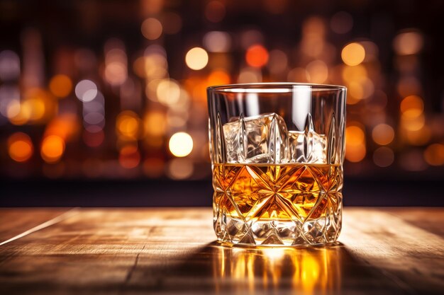 Beba el elegante vaso de whisky que brilla en los cubitos de hielo de la mesa del bar añadiendo un toque de clase IA generativa