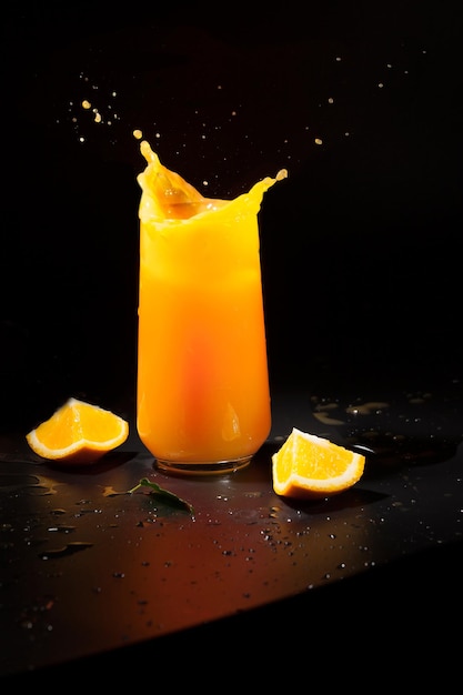 Beba con jugo de naranja sobre un fondo oscuro