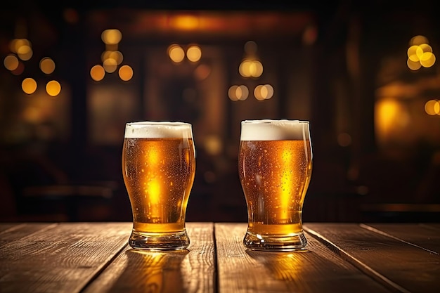 Beba y socialice dos vasos de cerveza en una mesa de madera en un pub o restaurante