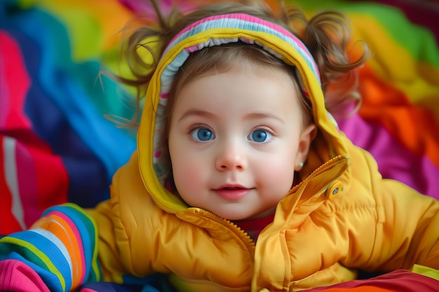 Foto un bebé con un abrigo colorido acostado en una manta