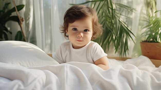 Bebé acostado en la cama junto a plantas de artículos para bebés