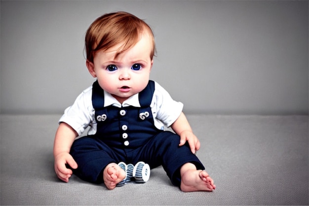 Foto un bebé acostado sobre un fondo marrón con una camisa azul puesta