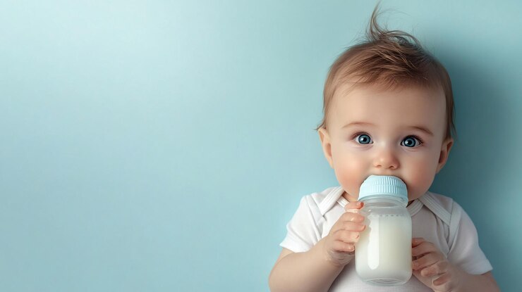 Un bebé adorable bebiendo leche de una botella sobre un fondo azul