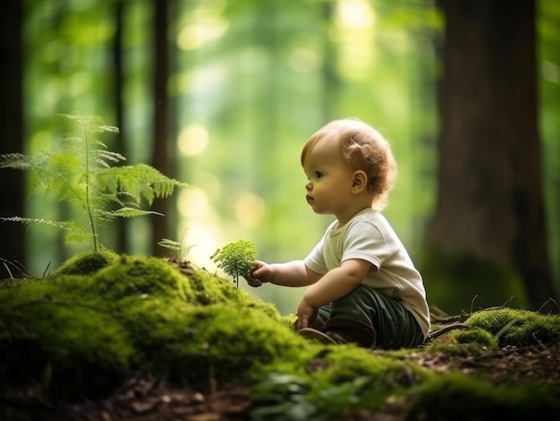 Bebé adorable explorando la naturaleza