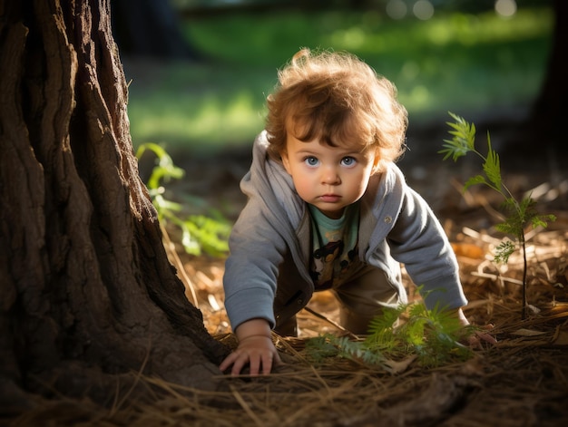 Bebé adorable explorando la naturaleza