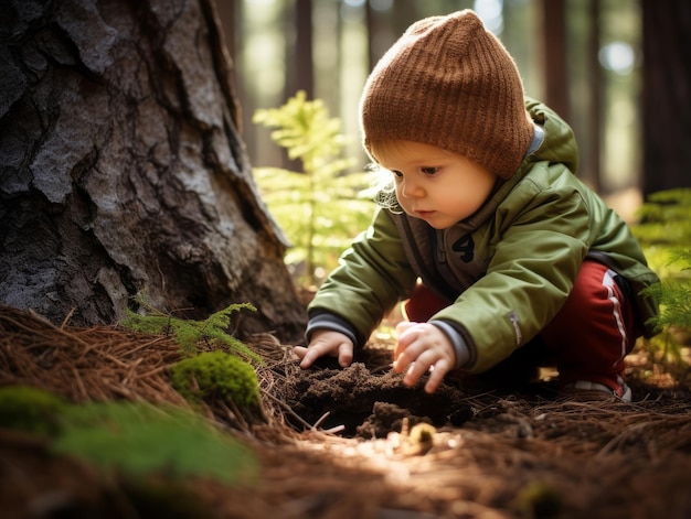 Foto un bebé adorable explorando la naturaleza