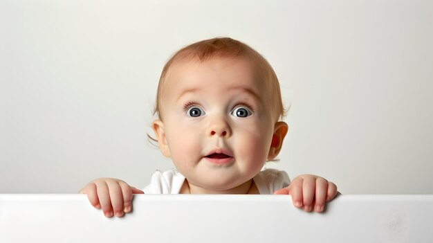 Foto bebé adorable mirando por encima del borde con ojos grandes niño inocente y curioso perfecto para temas familiares y de crianza retrato de estudio en un fondo plano ia