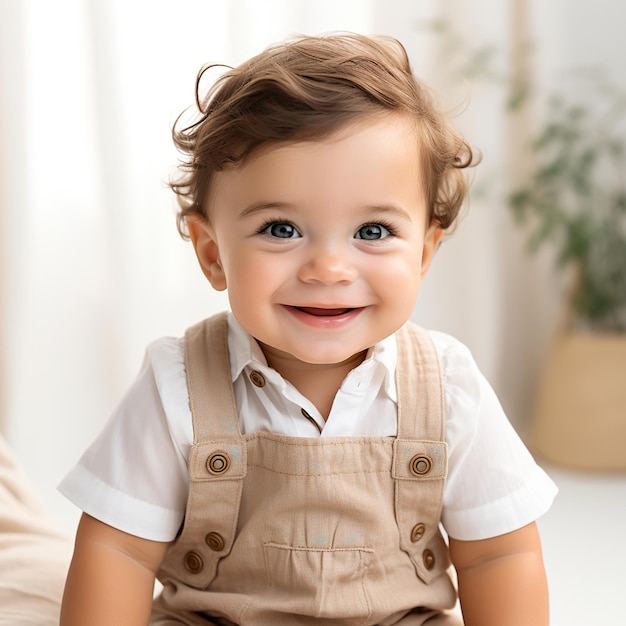 Un bebé adorable con un mono beige sentado sobre un fondo blanco