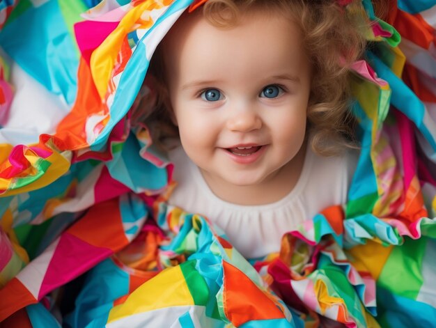 Foto bebé adorable con ropa vibrante en una postura lúdica