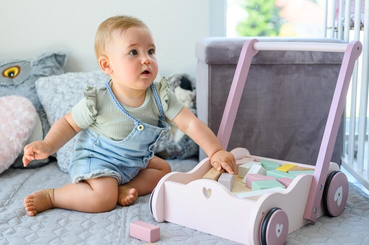 Foto bebê adorável brincando com blocos em carrinho de brinquedo no quarto