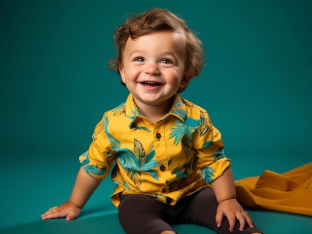 Bebê adorável com roupas vibrantes em uma pose divertida