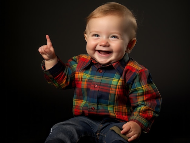 Bebê adorável com roupas vibrantes em uma pose divertida