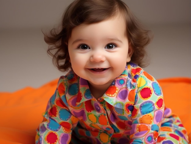 Bebê adorável com roupas vibrantes em uma pose divertida