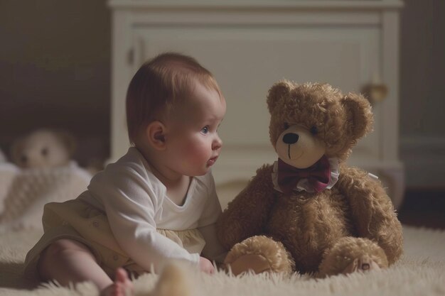 Bebê adorável com ursinho de pelúcia sorrindo em casa com IA gerada