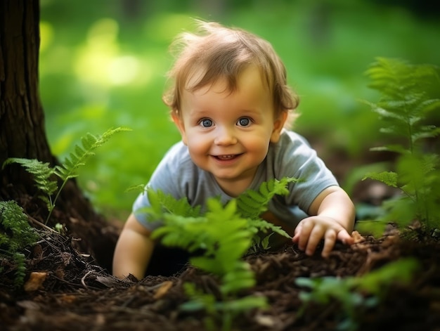 Bebê adorável explorando a natureza