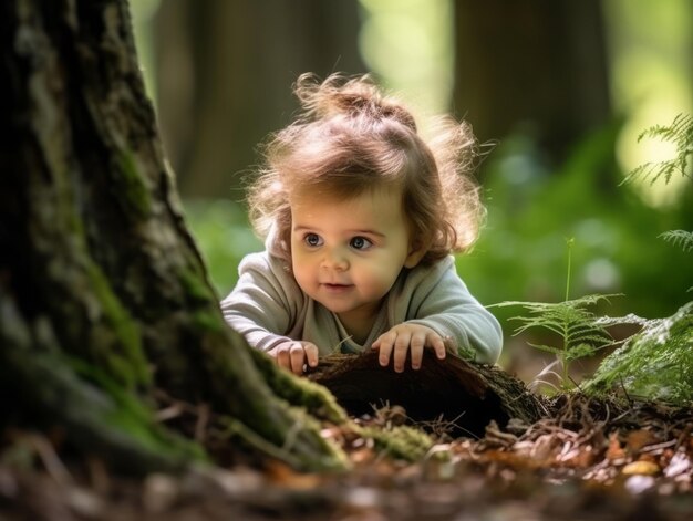 Foto bebê adorável explorando a natureza