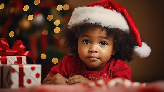 Bebê afro-americano está sorrindo felizmente no chapéu do Papai Noel para o conceito de celebração da estação criado com tecnologia de IA generativa