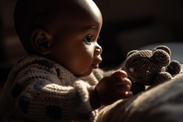 Foto bebê afro-americano estendendo a mão agarrando um brinquedo mostrando sua coordenação de mão-olho em desenvolvimento