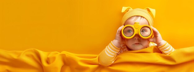 Un bebé alegre mira a través de binoculares en un fondo amarillo Banner copyspace caos 25 ar 83 sref httpssmjrunagi4udBCuFU Identificación de trabajo fe694bf7ac854389a87d0f96a8ee2165