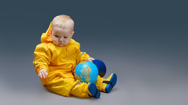 Bebé de un año en cosyum amarillo con globo