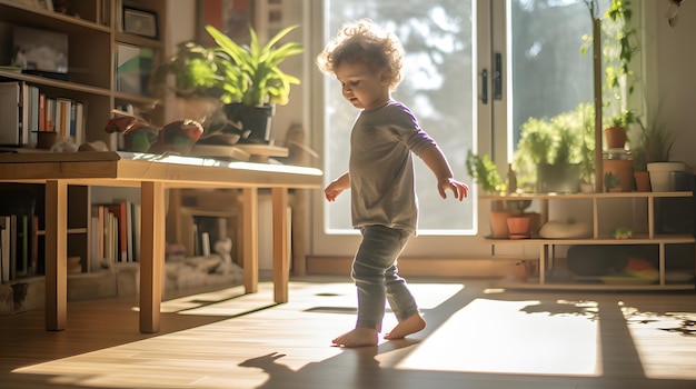 bebé aprendiendo a caminar en una sala de estar soleada