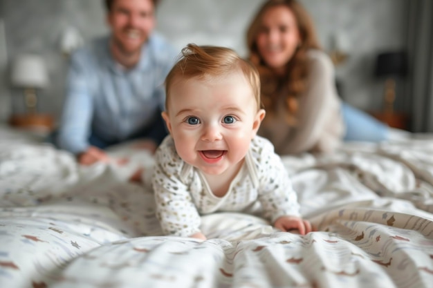 El bebé se arrastra en la cama con los padres